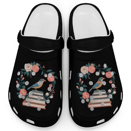 Cottagecore Bird on Books with Floral Wreath Clogs