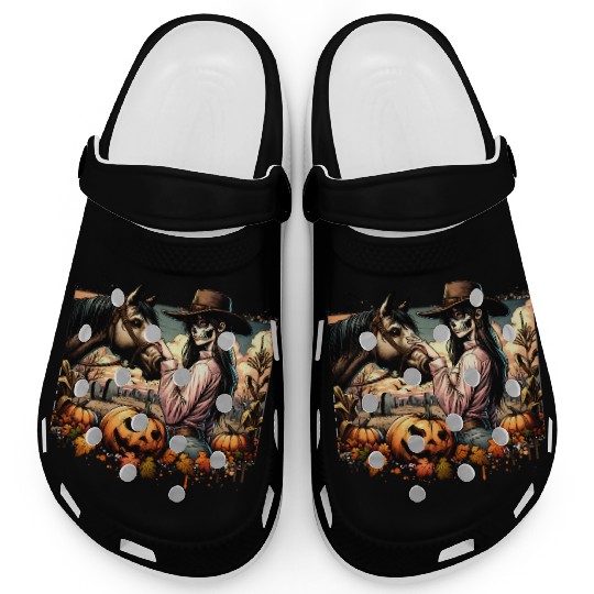 Haunting Cowgirl and Horse in Halloween Graveyard Clogs
