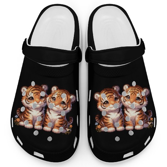 Adorable Twin Tiger Cubs Illustration with Flowers Clogs