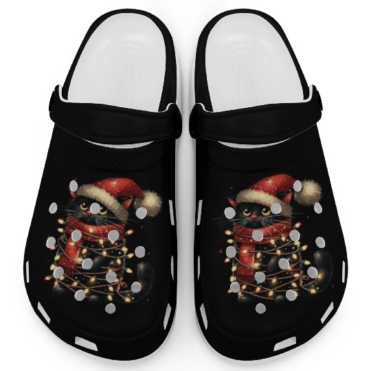 Black Cat In Christmas Light, Cat Lights Clogs