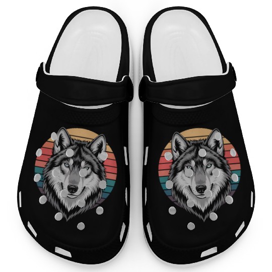 Retro Wolf Head Against Colorful Sunset Clogs