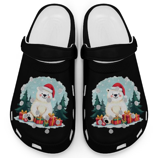 Adorable Polar Bear in Santa Hat Clogs