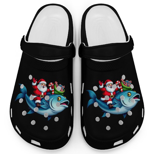 Santa on Bass Merry Fishmas Fishing Christmas Clogs