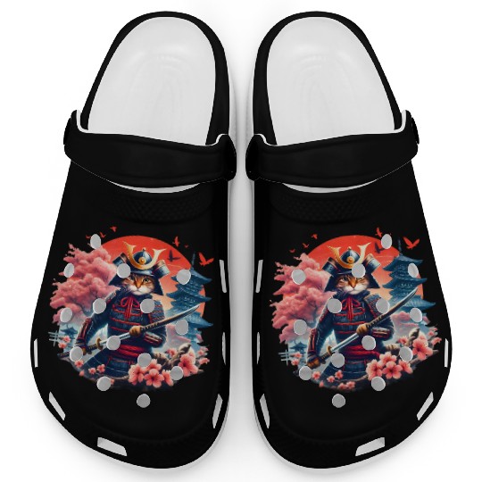 Samurai Cat Graphic Warrior Vintage Japanese Anime Clogs