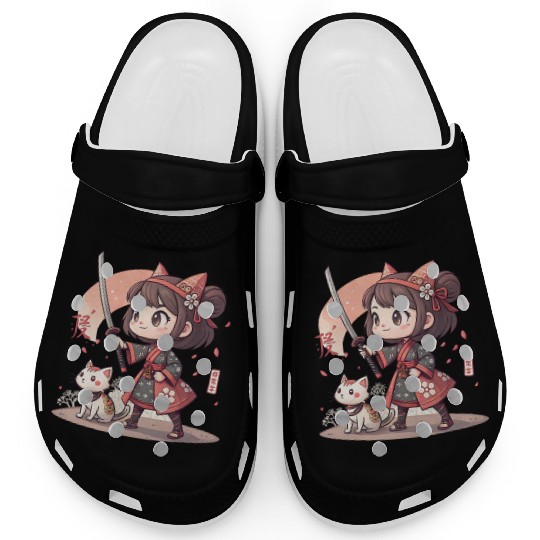 Adorable Anime Samurai Girl: Cat & Katana Design Clogs