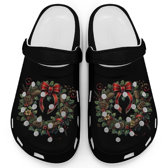 Rustic Christmas Wreath with Holly and Pine Cones Clogs