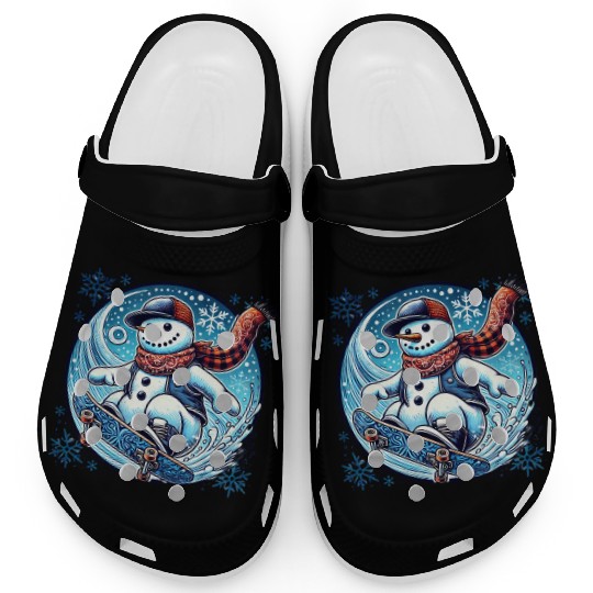 Skateboarding Snowman: Bandana, Board & Snowflakes Clogs