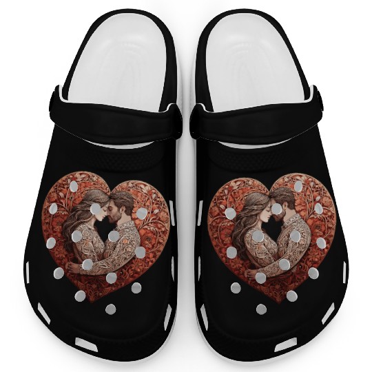 Romantic Couple Embracing in Floral Valentine Hear Clogs
