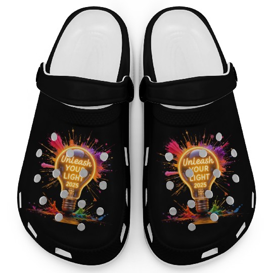 A large starburst glowing in neon light with 2025 Clogs