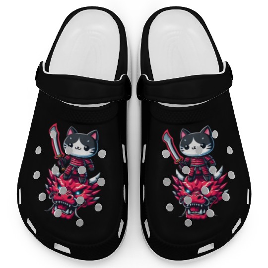 Samurai Cat with Sword on Dragon in Epic 3D Effect Clogs