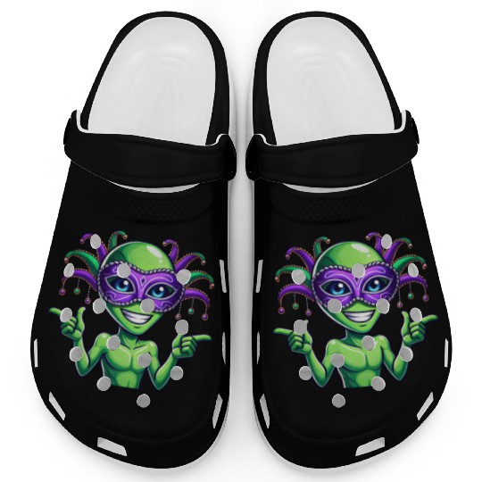 Mardi Gras Alien Cartoon Veggie Fun Clogs
