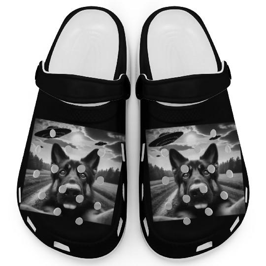 German2 Shepherd Funny GSP Selfie with UFOs Weird Clogs