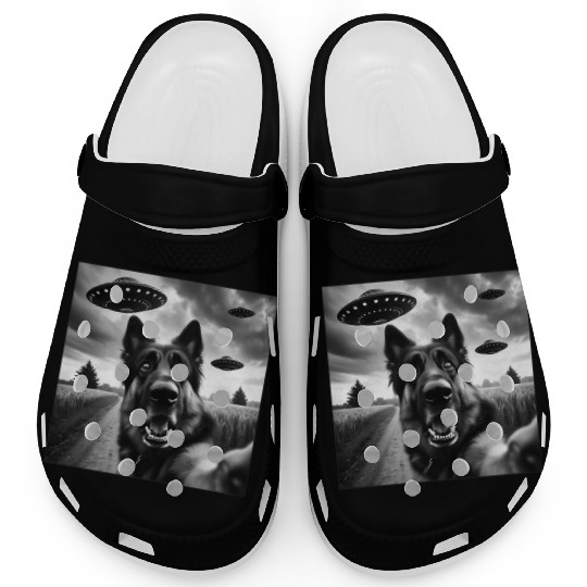 German Shepherd Funny GSP Selfie with UFOs Weird A Clogs