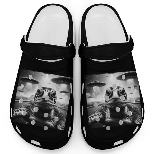 Sea Turtle Funny Graphic Selfie with UFOs Weird A Clogs