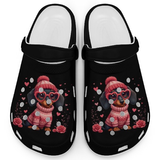 Cute Valentine Dachshund in Cozy Sweater Clogs