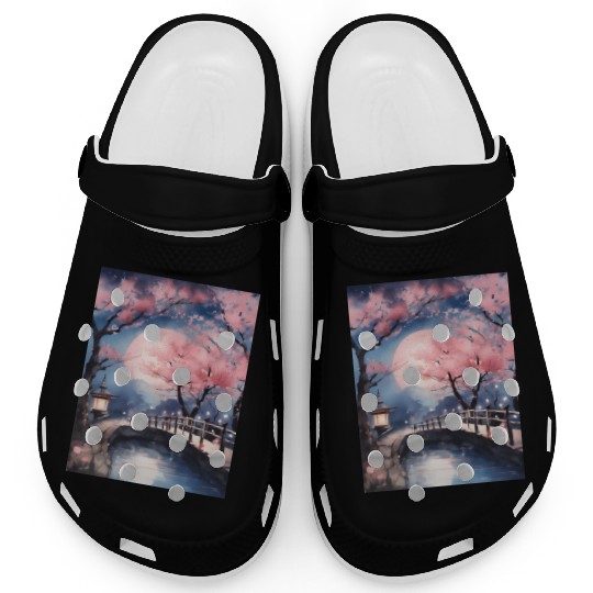 Watercolor cherry blossom festival full moon Clogs