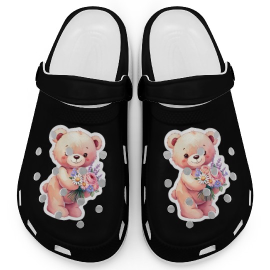 Teddy bear with bouquet of flowers Clogs