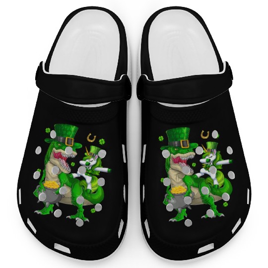 St Patricks Day Dabbing Unicorn Riding Dinosaur Clogs