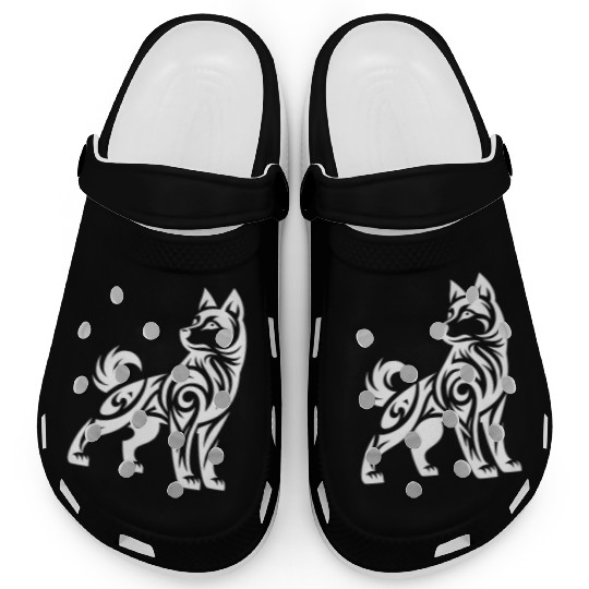 Shaded Tribal Line Art Husky Dog Design Clogs