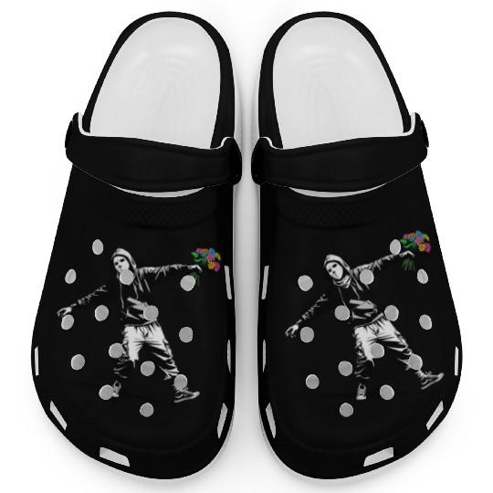 Banksy Protester Throwing Flowers Clogs