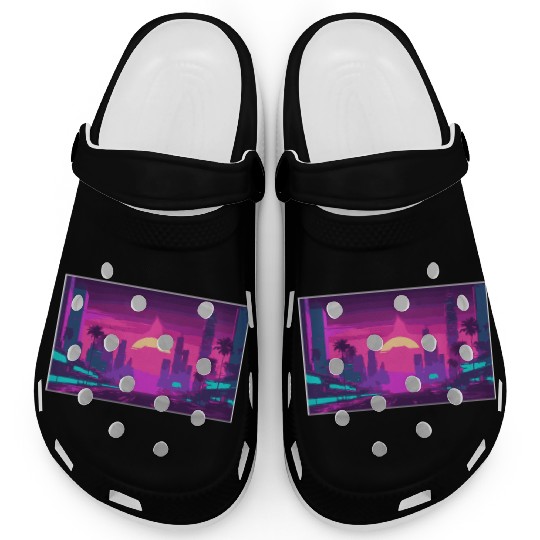 Neon Paradise Vaporwave Sunset Vibes Clogs