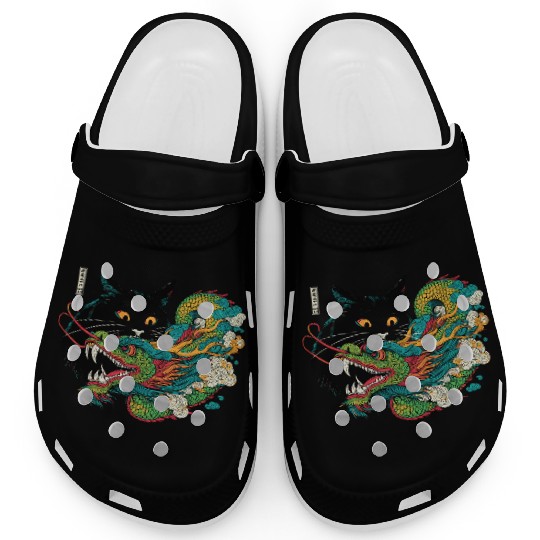 Ukiyo-e Black Cat Chinese Dragon Clogs