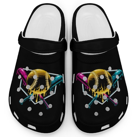 Neon Drip Baseball Design Clogs