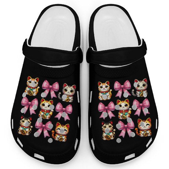 Coquette Bow Maneki Neko Japanese Cat Lucky Pink Clogs