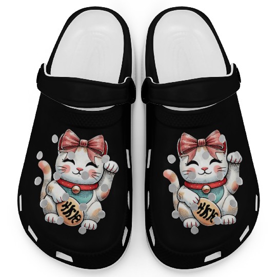 Coquette Bow Maneki Neko Japanese Cat Lucky Pink Clogs