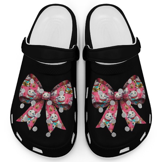 Coquette Bow Maneki Neko Japanese Cat Lucky Pink Clogs