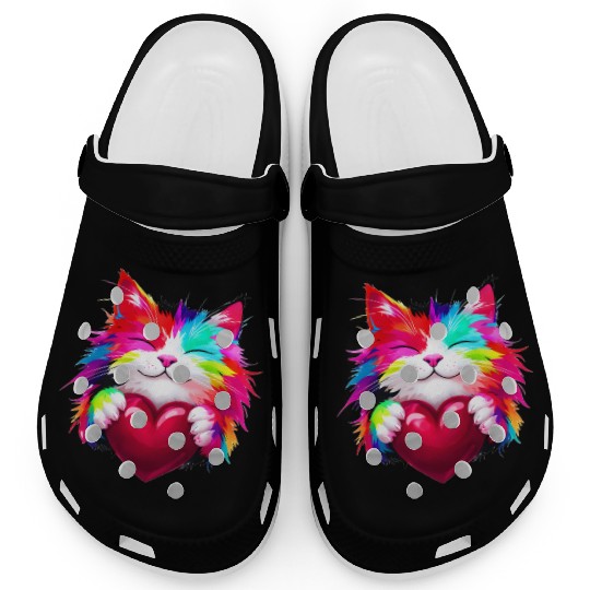 Rainbow Cute Cat Hugging Valentine Heart Clogs