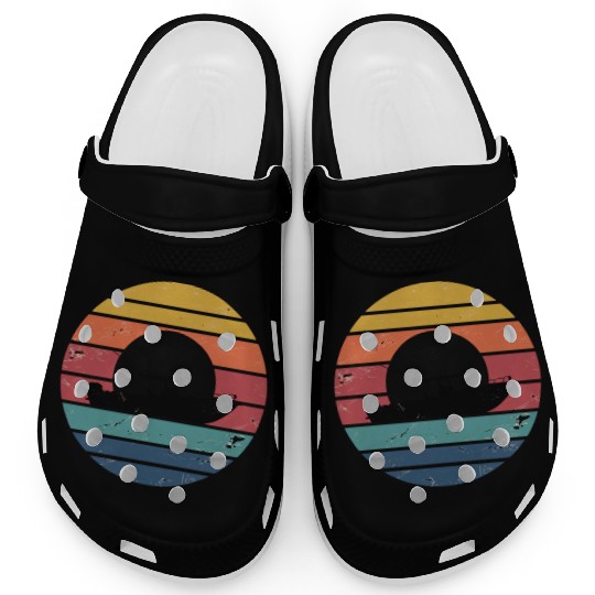 Sunset Boat Silhouette in Striped Retro Colors Clogs