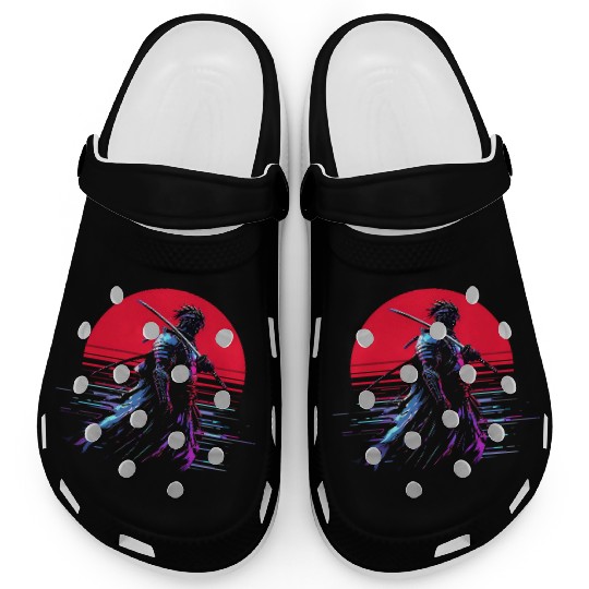 Cyberpunk Samurai Warrior Under Neon Moon Clogs