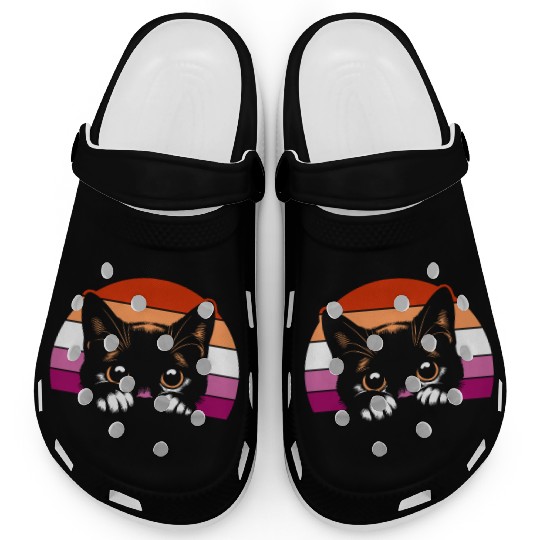 Lesbian Pride Peeking Cat Retro Sunset Aesthetic Clogs