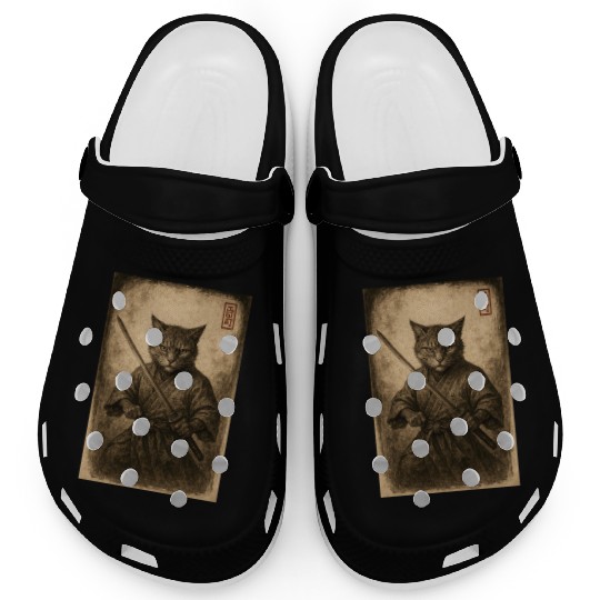 Samurai Cat in Vintage Style Clogs