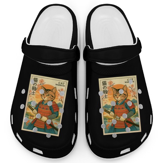Samurai Cat in Traditional Armor Art Clogs