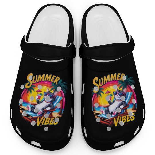 Summer Vibes Clogs, Relaxed Cat with Summer Text