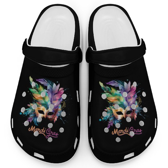 Colorful Mardi Gras Mask Feather Party Design Clogs
