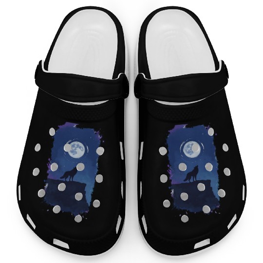 Serene Night Scene Featuring A Wolf Silhouette Clogs