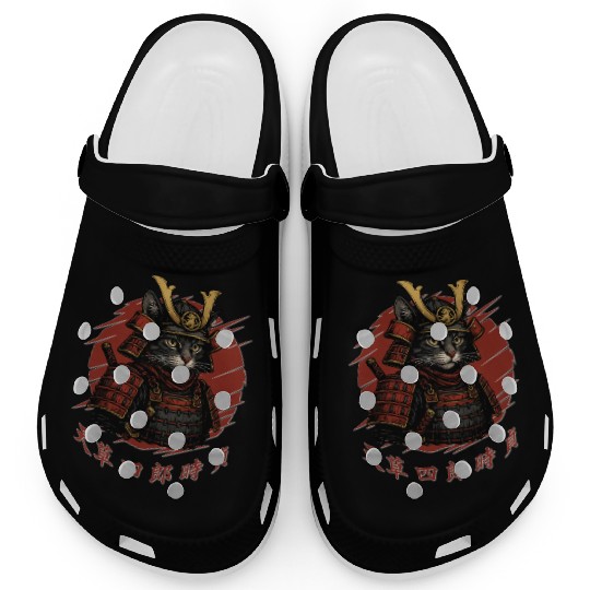 Samurai Cat Warrior – Japanese Red Sun Armor Art Clogs