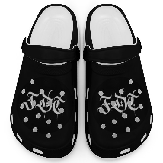 Ornate Gothic Lettering FDT in Light Grey on Black Clogs