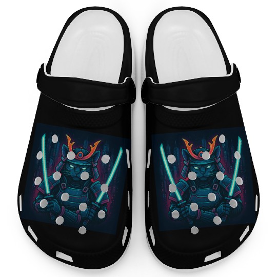 A futuristic samurai cat in neon armor with glo Clogs