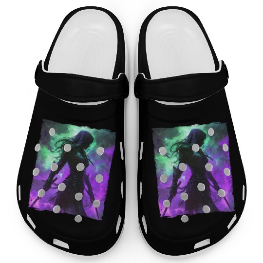 Mystical Assassin Woman In Violet Fog Fantasy Clogs
