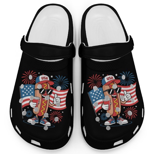 4th Of July Hotdog American Flag Patriotic Firewor Clogs