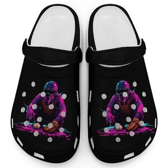 Neon Baseball Catcher Art Cool Vaporwave Sports Clogs