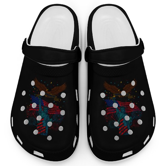 US flag with eagle and statue of liberty Clogs