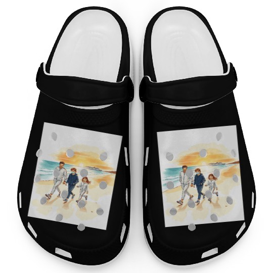 family walking along the beach. Clogs