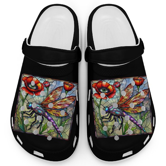 Dragonfly stained glass poppy flower insect eye Clogs