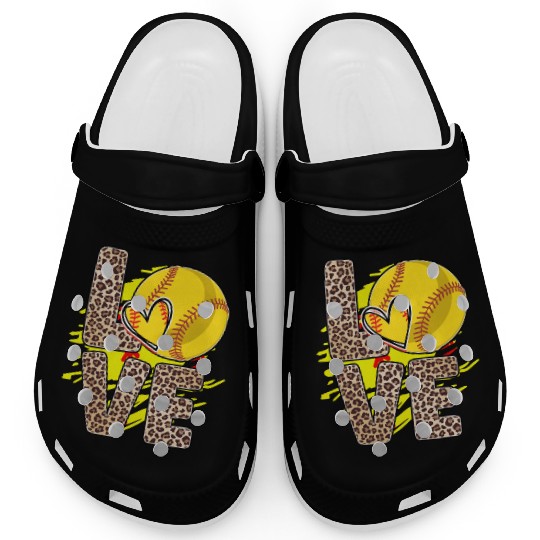 Leopard Print Love Softball Heart Neon Splash Clogs