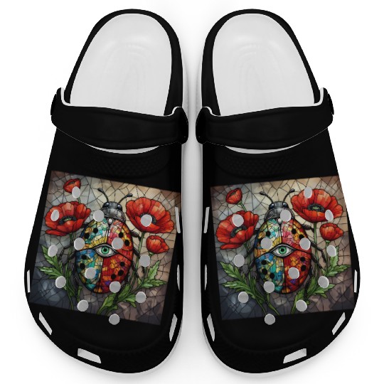 Ladybug stained glass vibrant poppy flower insect Clogs